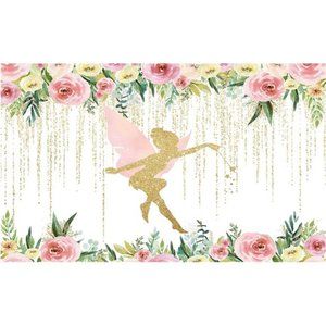 Floral Fairy Birthday Party Backdrop for Photography Pink and Gold Fairy Tale
